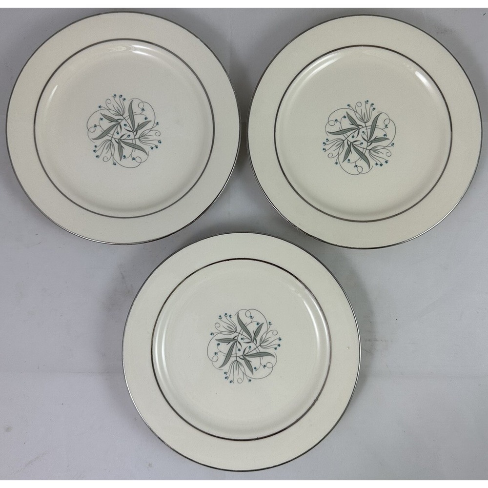 Homer Laughlin Celeste Bread Plates  Blue Buds Platinum Grey Leaves Set 3 6.25"